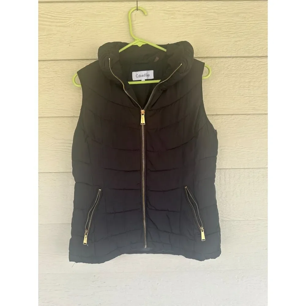 Calvin Klein Black Chevron Puffer Vest Gold Hardware - Size M